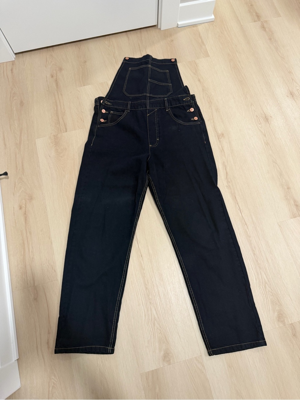 We The Free Dark Indigo Denim Overalls with Contrast Stitching